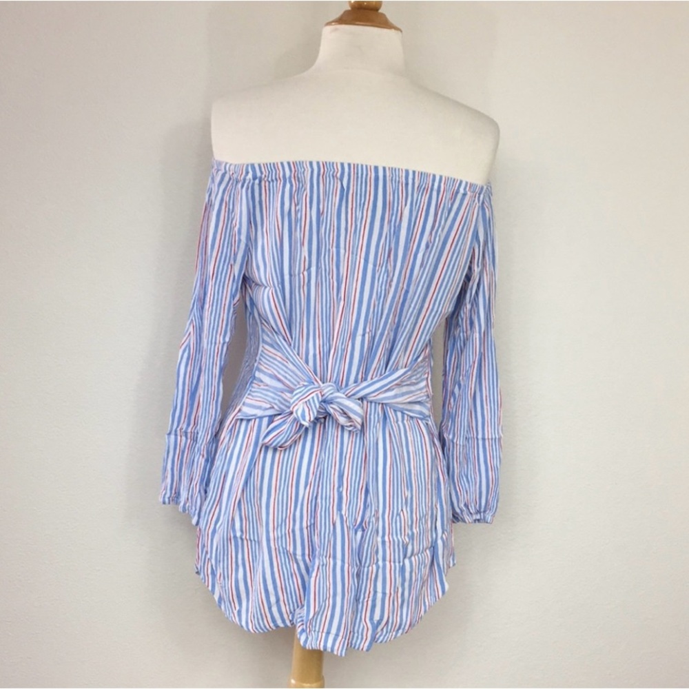 Lucy Love Blue White Stripe Off Shoulder Balloon Sleeve Blouse Tunic Size Large - Picture 8 of 16